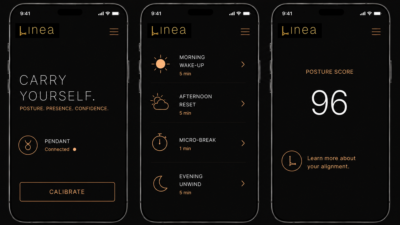 Linea App Screens showing Home, Exercises, and Session views